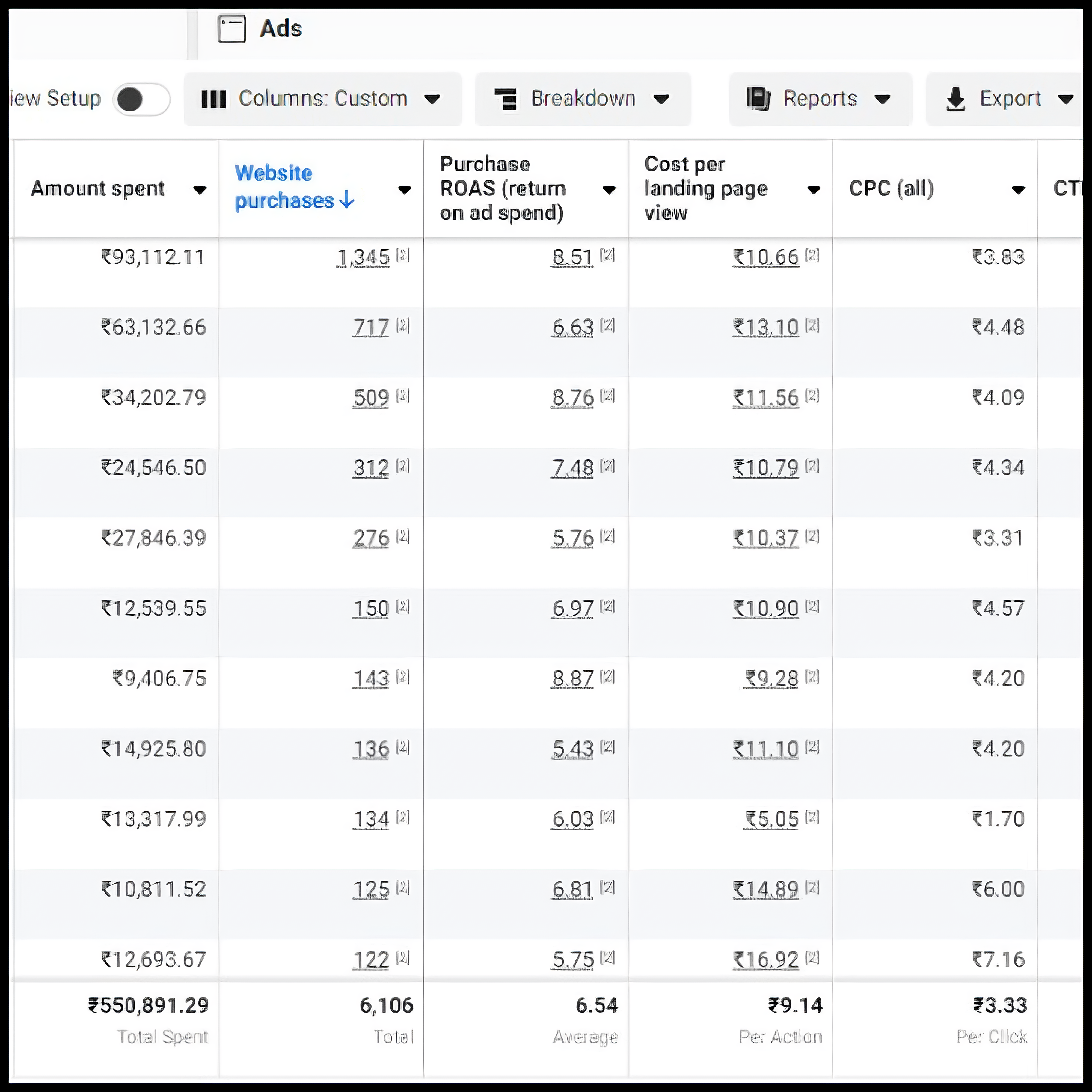 Meta Ads performance table with purchases and ROAS